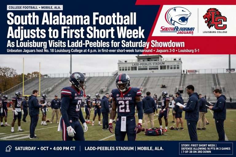 Illustration for the news story: South Alabama Football Adjusts to First Short Week as Louisburg Visits Ladd-Peebles