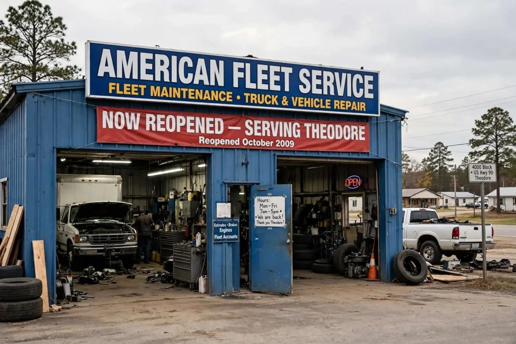 Illustration for the news story: Theodore Fleet-Service Business Reopened After 2009 Arson Fire