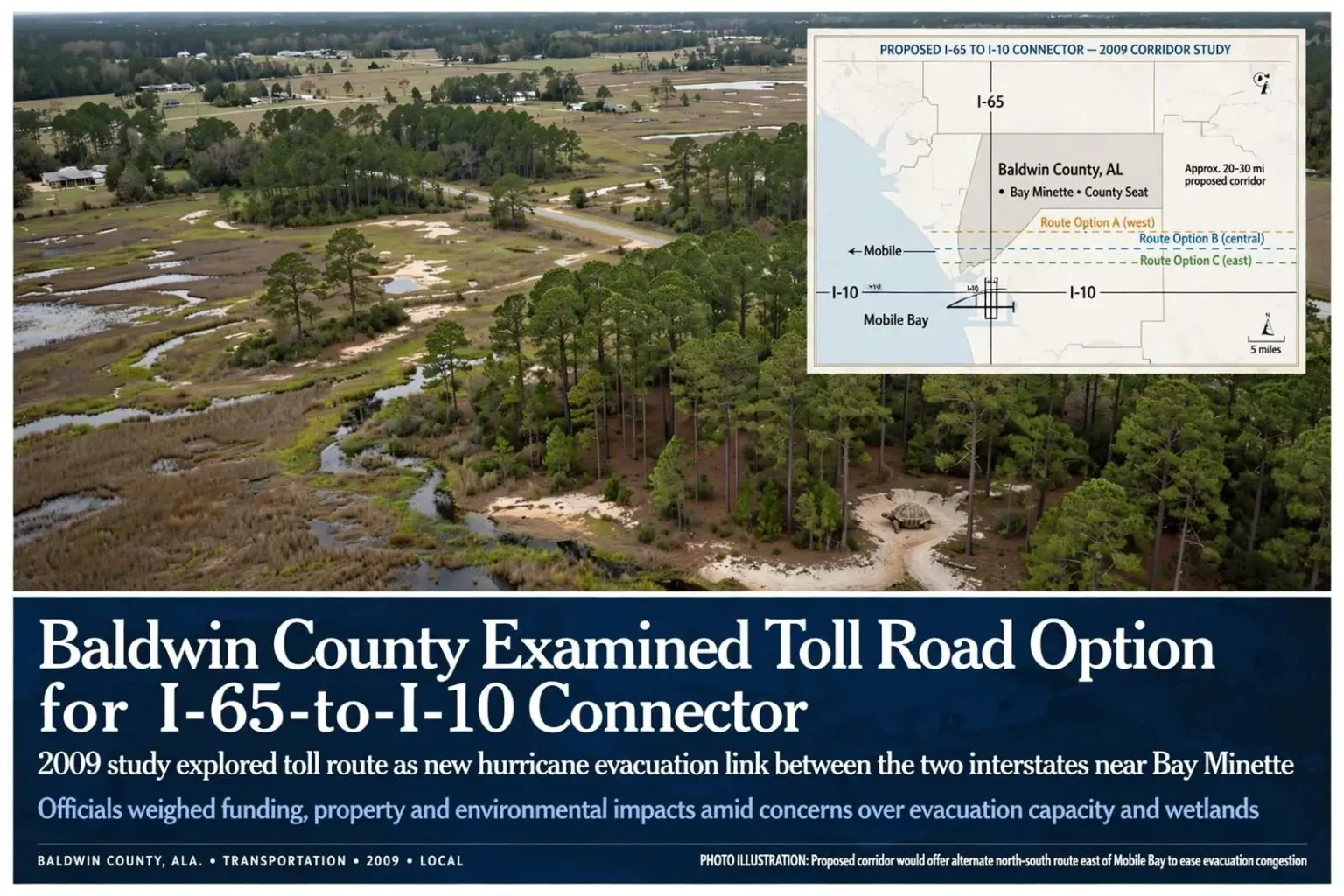 Illustration for the news story: Baldwin County Examined Toll Road Option for I-65-to-I-10 Connector