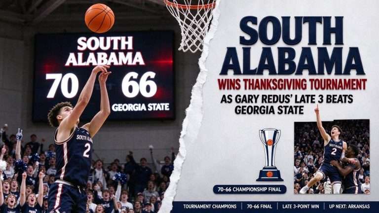 Illustration for the news story: South Alabama Wins Thanksgiving Tournament as Gary Redus’ Late 3 Beats Georgia State