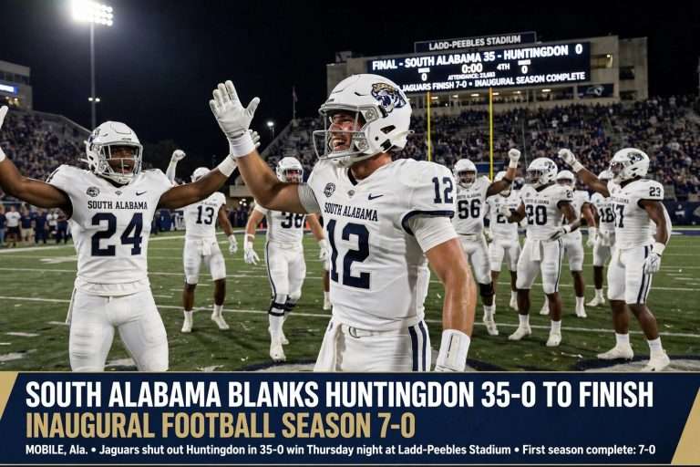 Illustration for the news story: South Alabama Blanks Huntingdon 35-0 to Finish Inaugural Football Season 7-0
