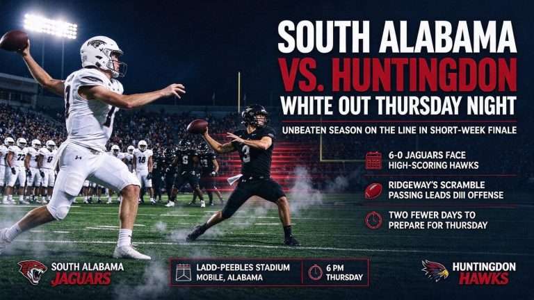 Illustration for the news story: South Alabama Football Faces High-Scoring Huntingdon on Short Week With Unbeaten Season at Stake