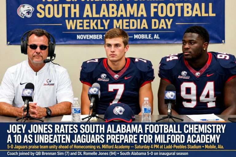 Illustration for the news story: Joey Jones Rates South Alabama Football Chemistry a 10 as Unbeaten Jaguars Prepare for Milford Academy