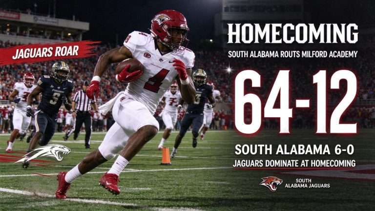 Illustration for the news story: South Alabama Routs Milford Academy 64-12 at Homecoming to Improve to 6-0