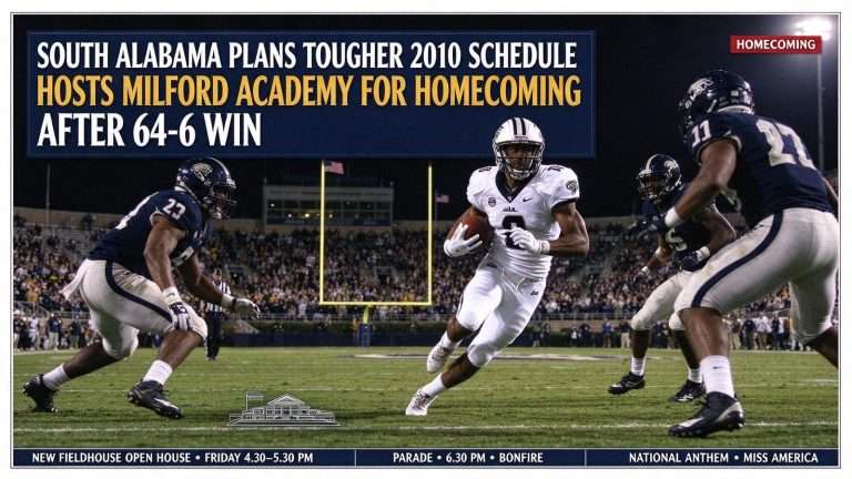 Illustration for the news story: South Alabama Plans Tougher 2010 Schedule, Hosts Milford Academy for Homecoming After 64-6 Win