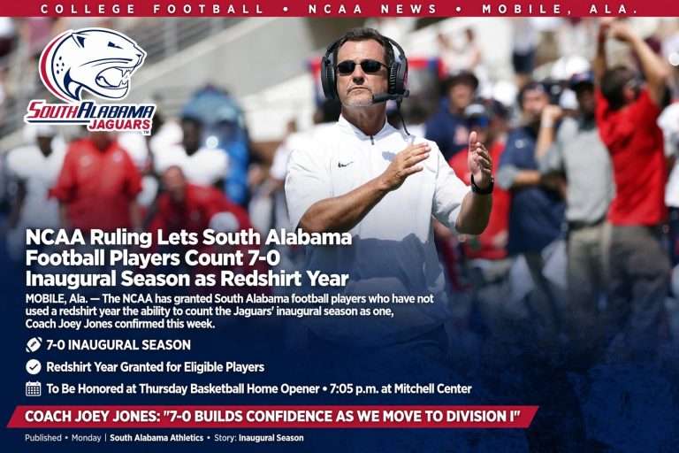 Illustration for the news story: NCAA Ruling Lets South Alabama Football Players Count 7-0 Inaugural Season as Redshirt Year