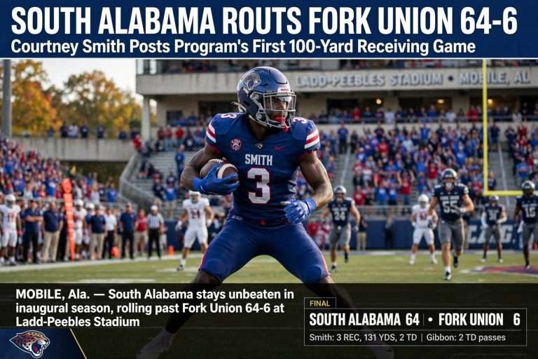 Illustration for the news story: South Alabama Routs Fork Union 64-6 as Courtney Smith Posts Program’s First 100-Yard Receiving Game