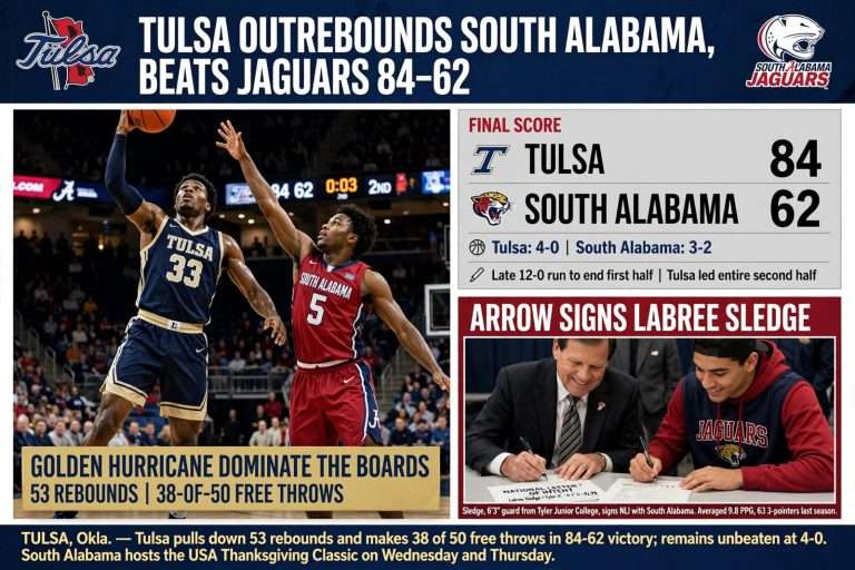 Illustration for the news story: Tulsa Outrebounds South Alabama, Beats Jaguars 84-62; Arrow Signs Labree Sledge