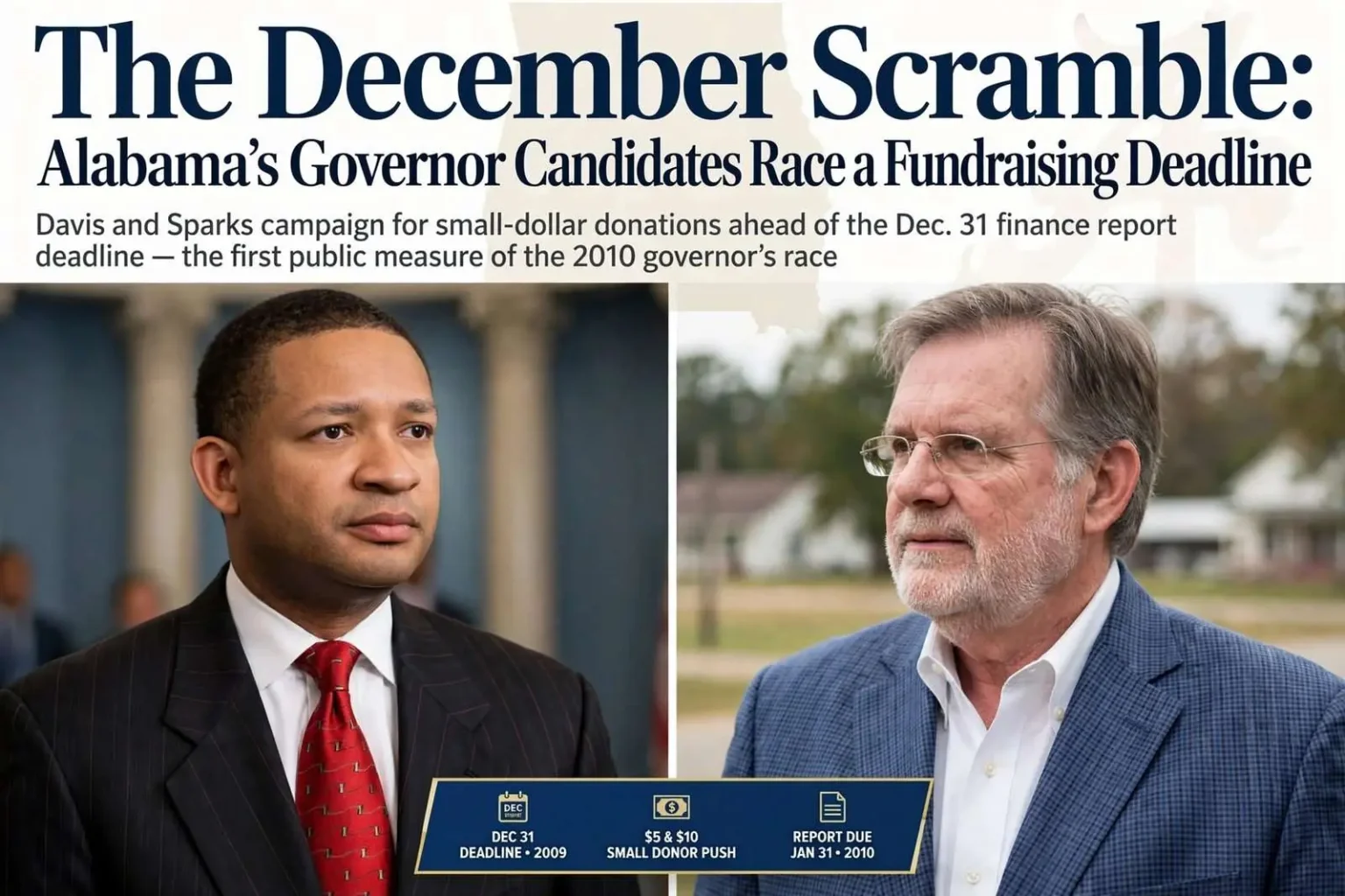 Illustration for the news story: The December Scramble: Alabama’s Governor Candidates Race a Fundraising Deadline
