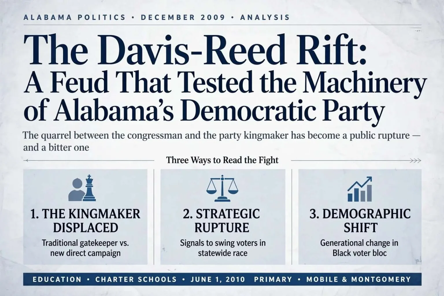 Illustration for the news story: The Davis-Reed Rift: A Feud That Tested the Machinery of Alabama’s Democratic Party