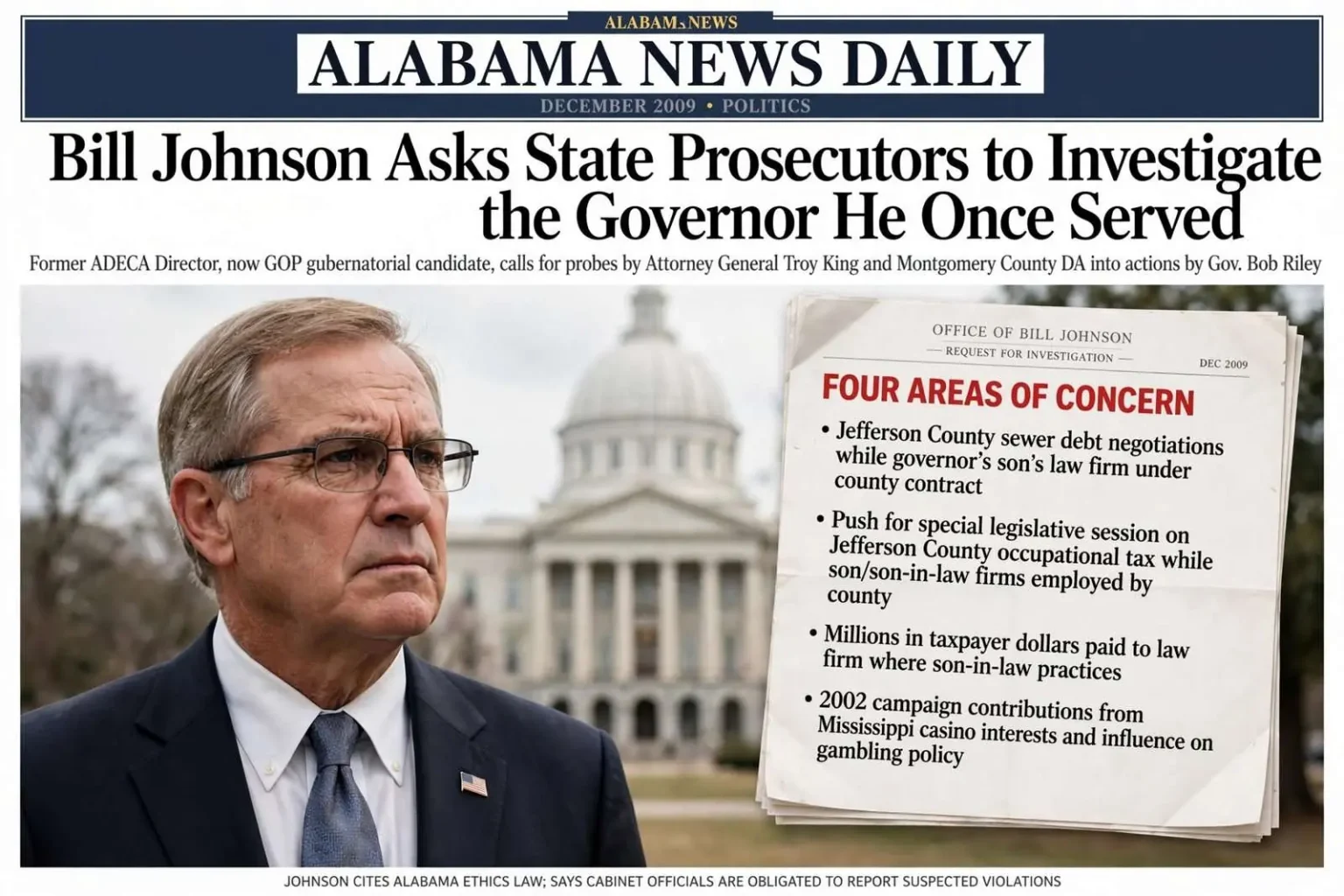 Illustration for the news story: Bill Johnson Asks State Prosecutors to Investigate the Governor He Once Served