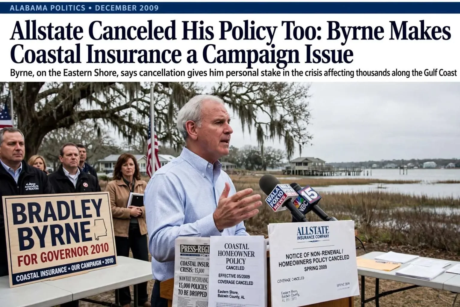Illustration for the news story: Allstate Canceled His Policy Too: Byrne Makes Coastal Insurance a Campaign Issue