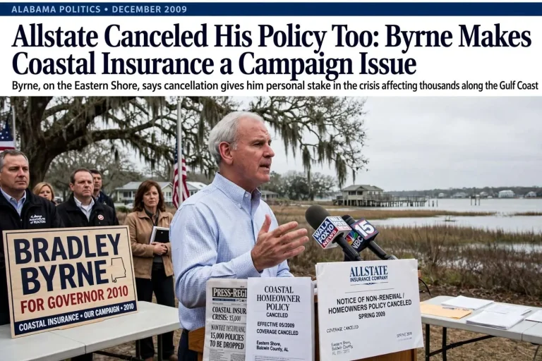 Illustration for the news story: Allstate Canceled His Policy Too: Byrne Makes Coastal Insurance a Campaign Issue