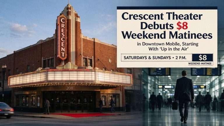 Illustration for the news story: Crescent Theater Debuts $8 Weekend Matinees in Downtown Mobile, Starting With ‘Up in the Air’