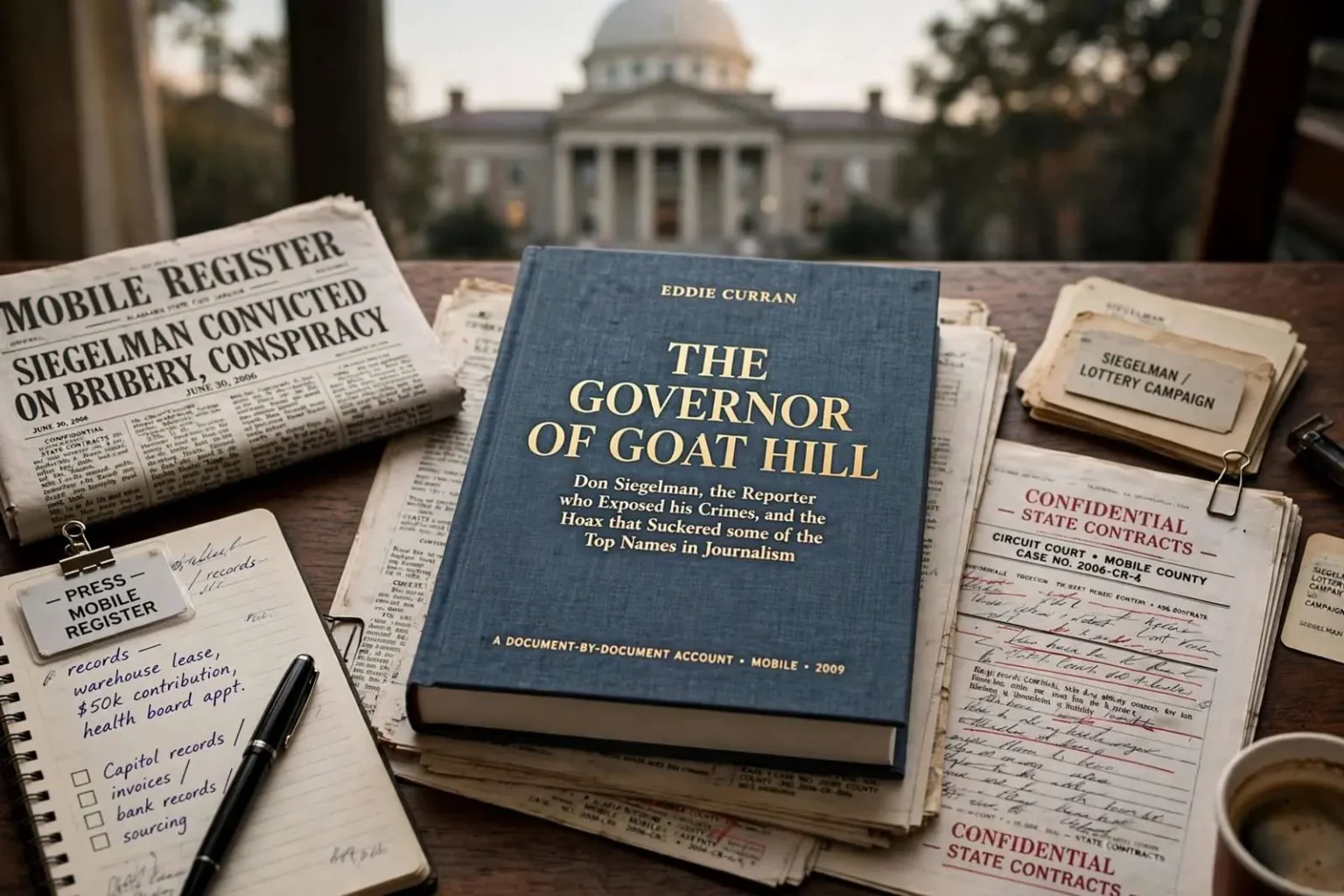 Illustration for the news story: After Years of Reporting and Rewriting, Curran’s Siegelman Book Heads for Mobile Shelves