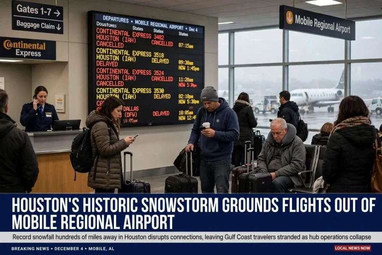 Illustration for the news story: Houston’s Historic Snowstorm Grounds Flights Out of Mobile Regional Airport