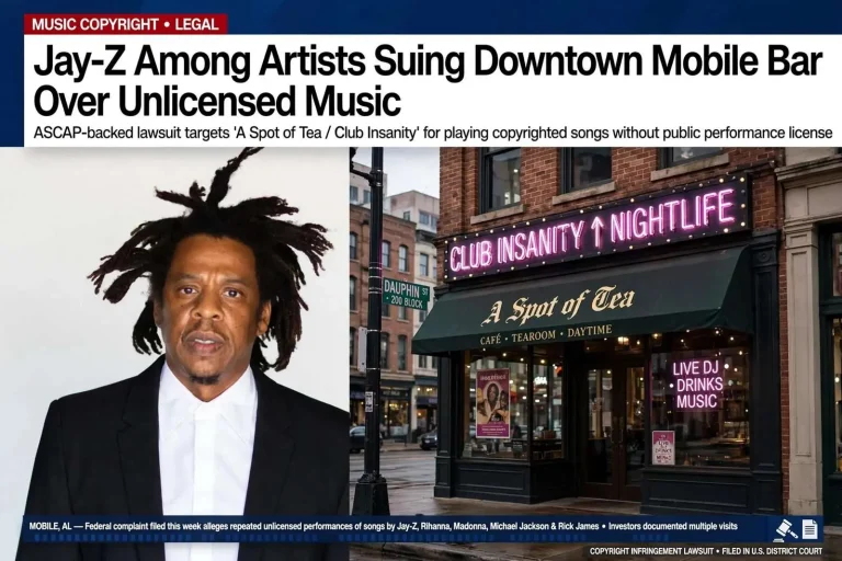 Illustration for the news story: Jay-Z Among Artists Suing Downtown Mobile Bar Over Unlicensed Music