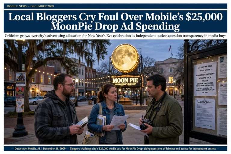 Illustration for the news story: Local Bloggers Cry Foul Over Mobile’s $25,000 MoonPie Drop Ad Spending