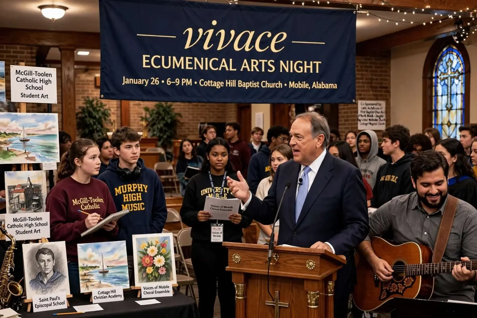 Illustration for the news story: Huckabee to Headline an Ecumenical Arts Night at Cottage Hill Baptist