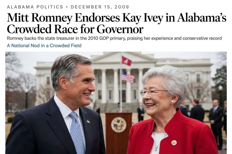 Illustration for the news story: Mitt Romney Endorses Kay Ivey in Alabama’s Crowded Race for Governor