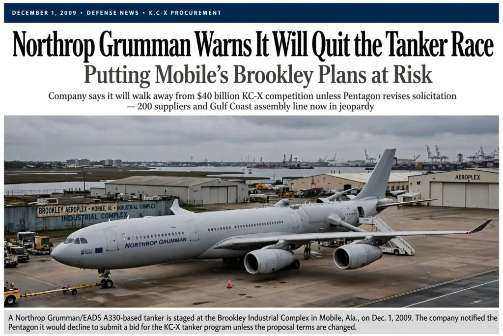 Illustration for the news story: Northrop Grumman Warns It Will Quit the Tanker Race, Putting Mobile’s Brookley Plans at Risk