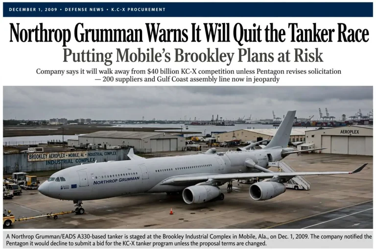 Illustration for the news story: Northrop Grumman Warns It Will Quit the Tanker Race, Putting Mobile’s Brookley Plans at Risk