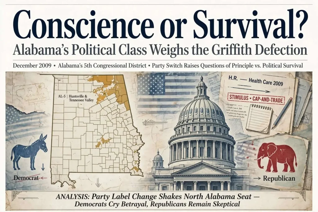 Illustration for the news story: Conscience or Survival? Alabama’s Political Class Weighs the Griffith Defection
