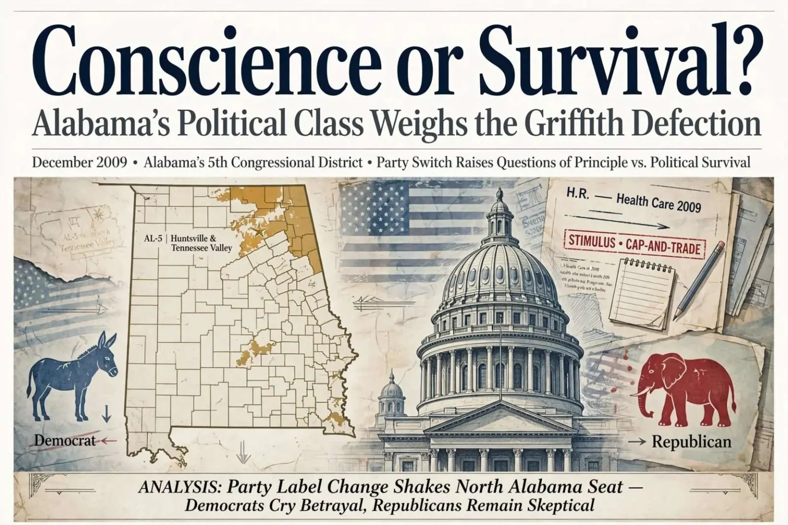 Illustration for the news story: Conscience or Survival? Alabama’s Political Class Weighs the Griffith Defection