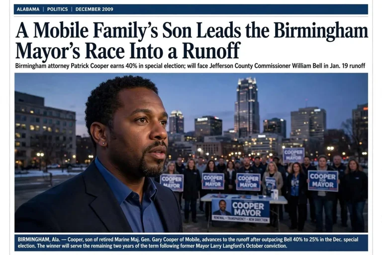 Illustration for the news story: A Mobile Family’s Son Leads the Birmingham Mayor’s Race Into a Runoff
