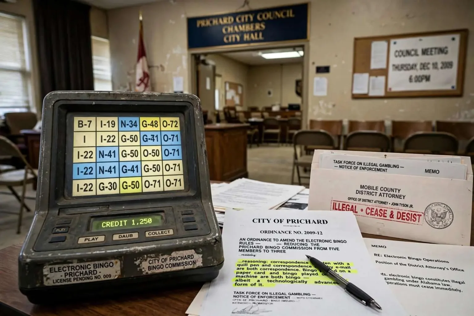 Illustration for the news story: Prichard Rewrites Its Bingo Rules as the District Attorney Calls the Machines Illegal