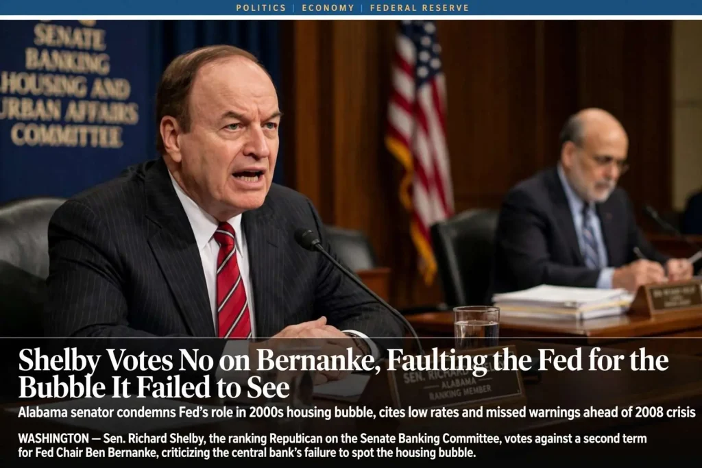 Illustration for the news story: Shelby Votes No on Bernanke, Faulting the Fed for the Bubble It Failed to See