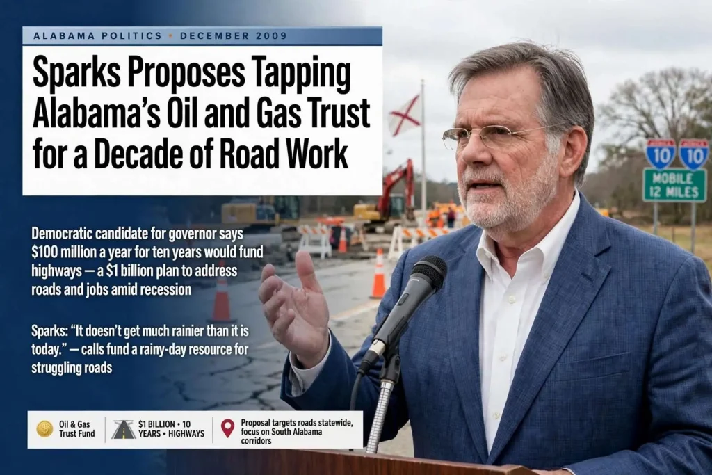 Illustration for the news story: Sparks Proposes Tapping Alabama’s Oil and Gas Trust for a Decade of Road Work
