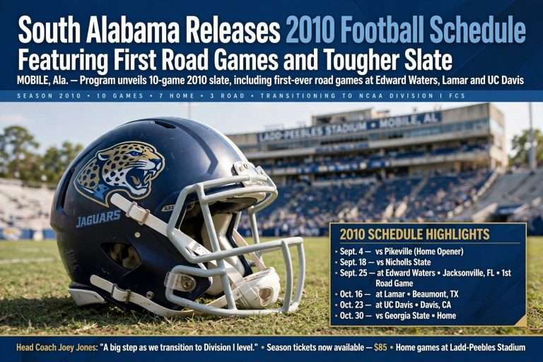 Illustration for the news story: South Alabama Releases 2010 Football Schedule Featuring First Road Games and Tougher Slate
