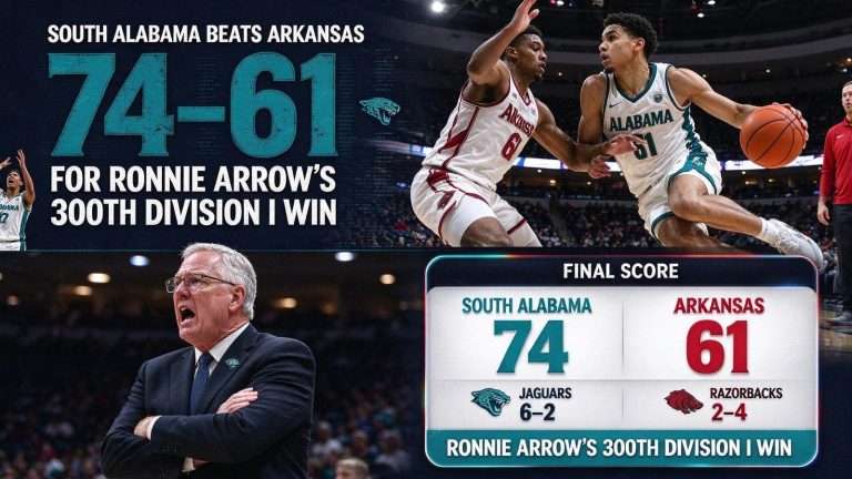 Illustration for the news story: South Alabama Beats Arkansas 74-61 for Ronnie Arrow’s 300th Division I Win