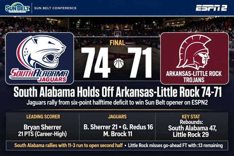 Illustration for the news story: South Alabama Holds Off Arkansas-Little Rock 74-71 in Sun Belt Opener on ESPN2
