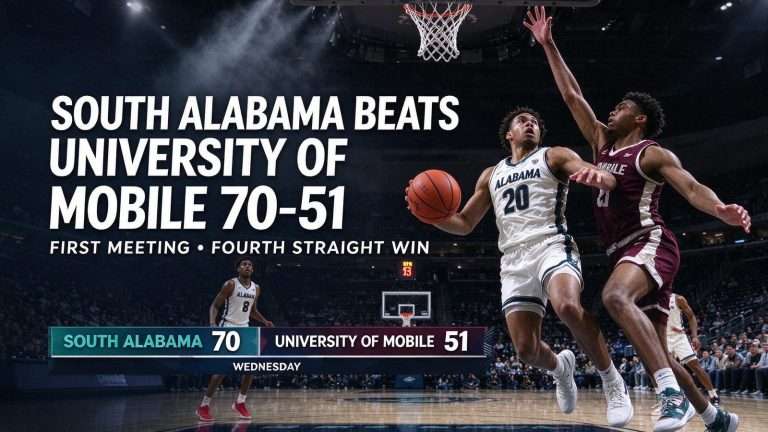 Illustration for the news story: South Alabama Beats University of Mobile 70-51 in First Meeting for Fourth Straight Win