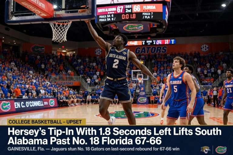 Illustration for the news story: DeAndre Hersey’s Tip-In With 1.8 Seconds Left Lifts South Alabama Past No. 18 Florida 67-66