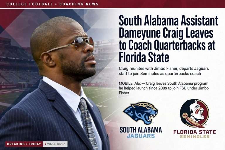 Illustration for the news story: South Alabama Assistant Dameyune Craig Leaves to Coach Quarterbacks at Florida State