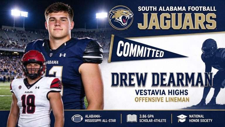 Illustration for the news story: Vestavia Hills Lineman Drew Dearman Gives Verbal Commitment to South Alabama Football