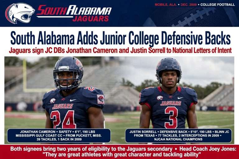 Illustration for the news story: South Alabama Adds Junior College Defensive Backs Jonathan Cameron and Justin Sorrell