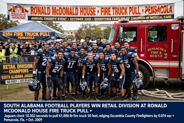 Illustration for the news story: South Alabama Football Players Win Division at Ronald McDonald House Fire Truck Pull