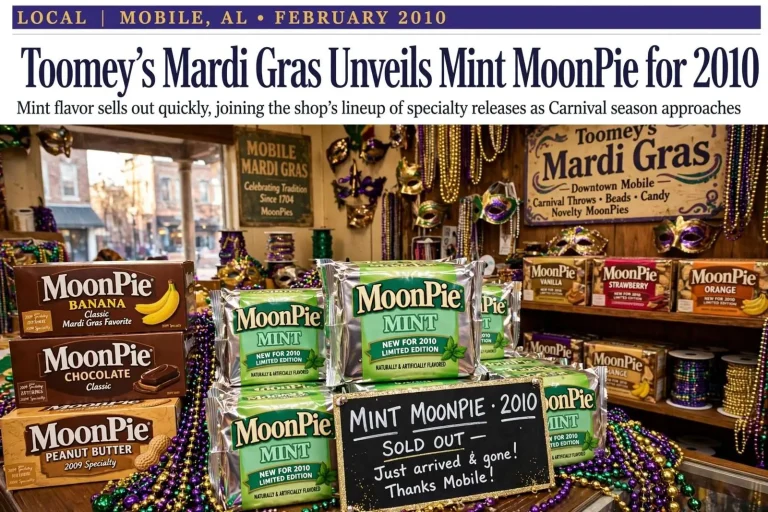 Illustration for the news story: Toomey’s Mardi Gras Unveils Mint MoonPie for 2010