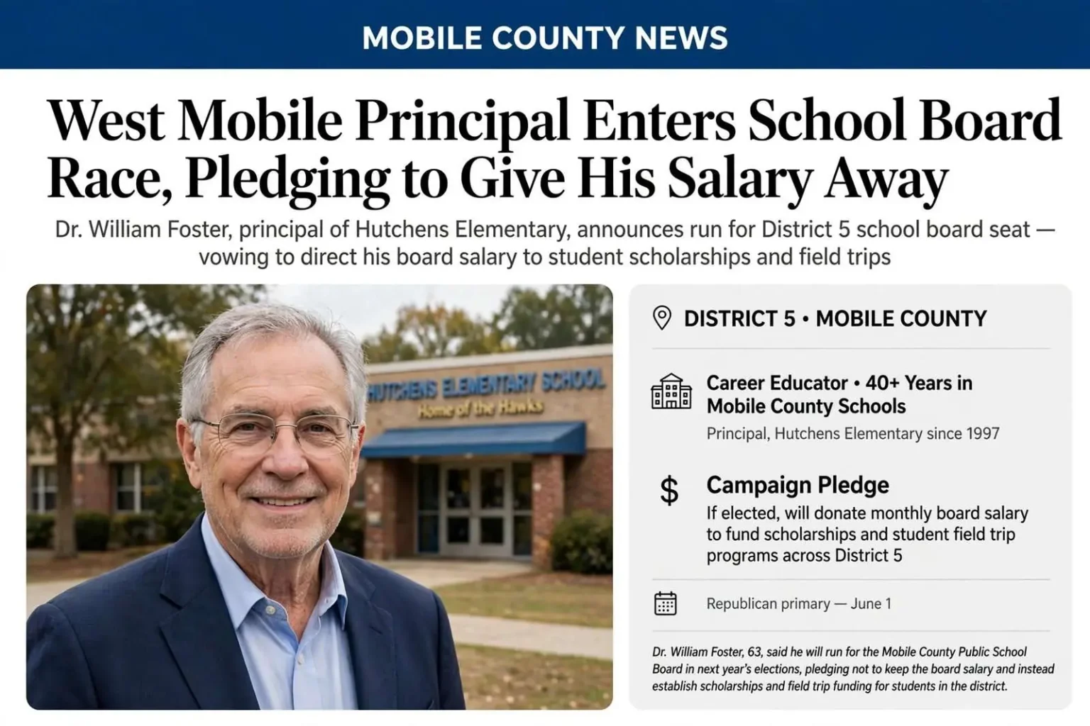 Illustration for the news story: West Mobile Principal Enters School Board Race, Pledging to Give His Salary Away