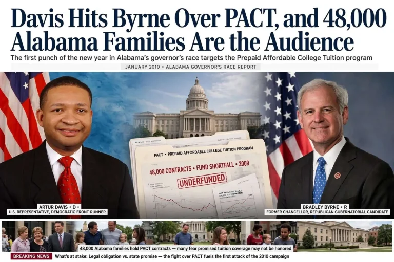 Illustration for the news story: Davis Hits Byrne Over PACT, and 48,000 Alabama Families Are the Audience