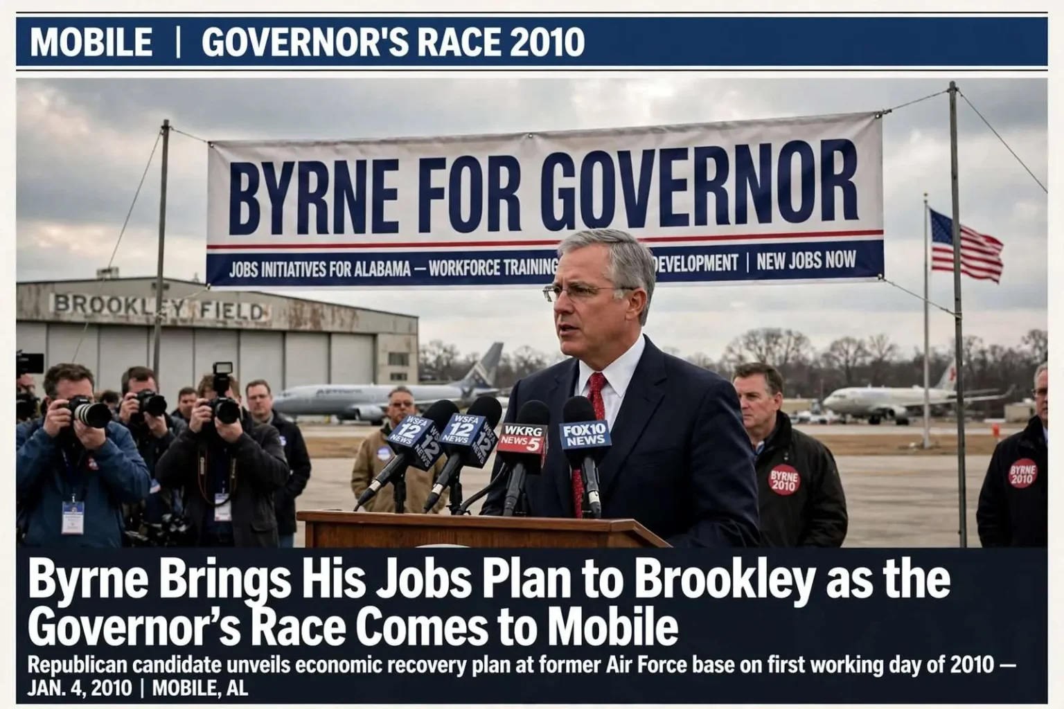 Illustration for the news story: Byrne Brings His Jobs Plan to Brookley as the Governor’s Race Comes to Mobile