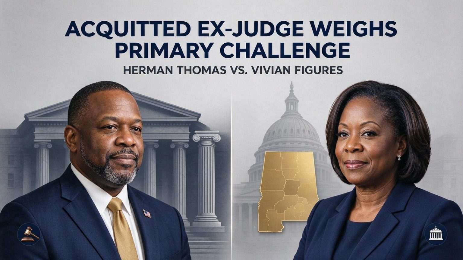 Illustration for the news story: Acquitted Ex-Judge Herman Thomas Weighs a Run Against Vivian Figures