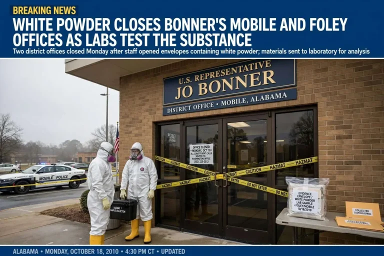 Illustration for the news story: White Powder Closes Bonner’s Mobile and Foley Offices as Labs Test the Substance