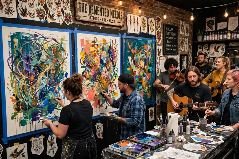 Illustration for the news story: Local Artists Turn Blank Canvases Into Group Art at Demented Needle Party