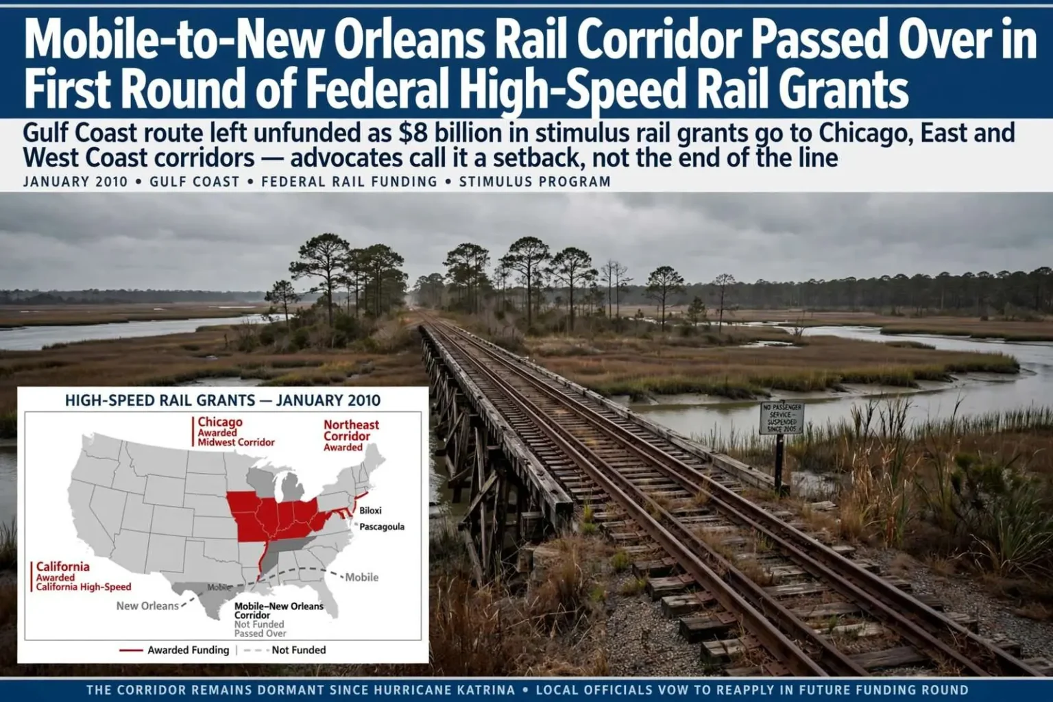 Illustration for the news story: Mobile-to-New Orleans Rail Corridor Passed Over in First Round of Federal High-Speed Rail Grants