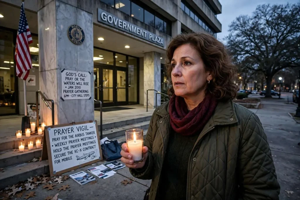 Illustration for the news story: Mobile Woman’s Call for Prayer Vigils Over Airbus Tanker Bid Draws City Hall’s Attention